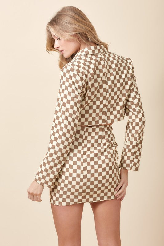 Checkered Print Cropped Blazer Jacket - Final Sale