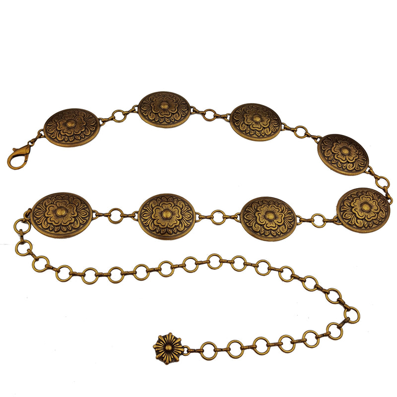 Western-Inspired Floral Concho Chain belt: Brass