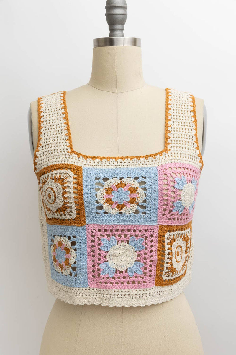 Floral Mosaic Embroidered Crochet Top: Pink Combo