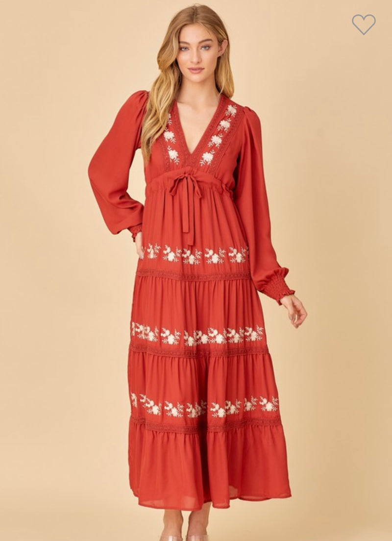 V-neck maxi with floral embroidered detail